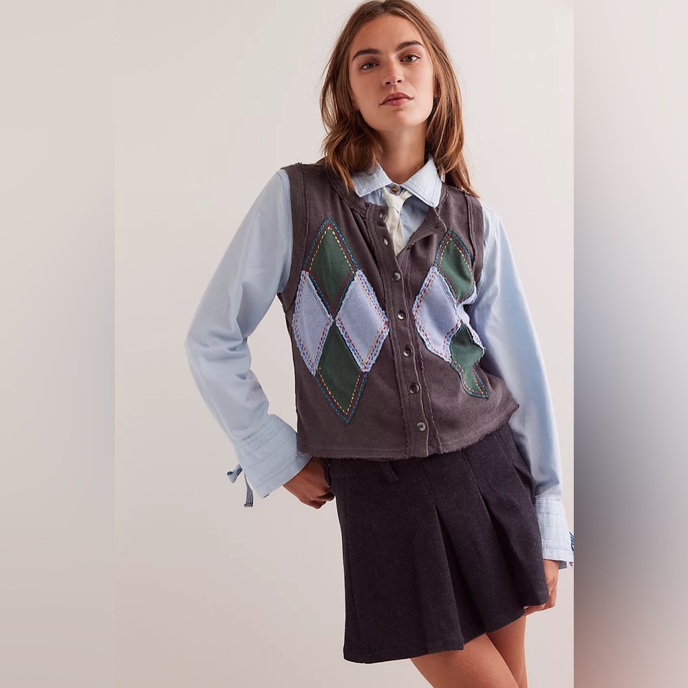 Free People Charcoal Gray Knit Vest with Green & Light Blue Argyle - Picture 6 of 9
